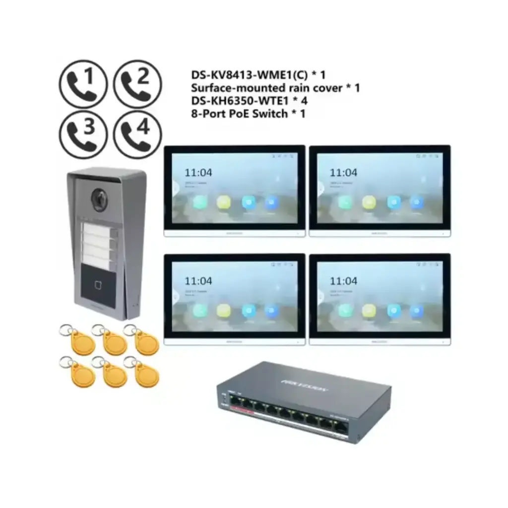 [TECHIK4PANTALLASNEW] Kit de Video Portero Hikvision 4 Pantallas – Control Total